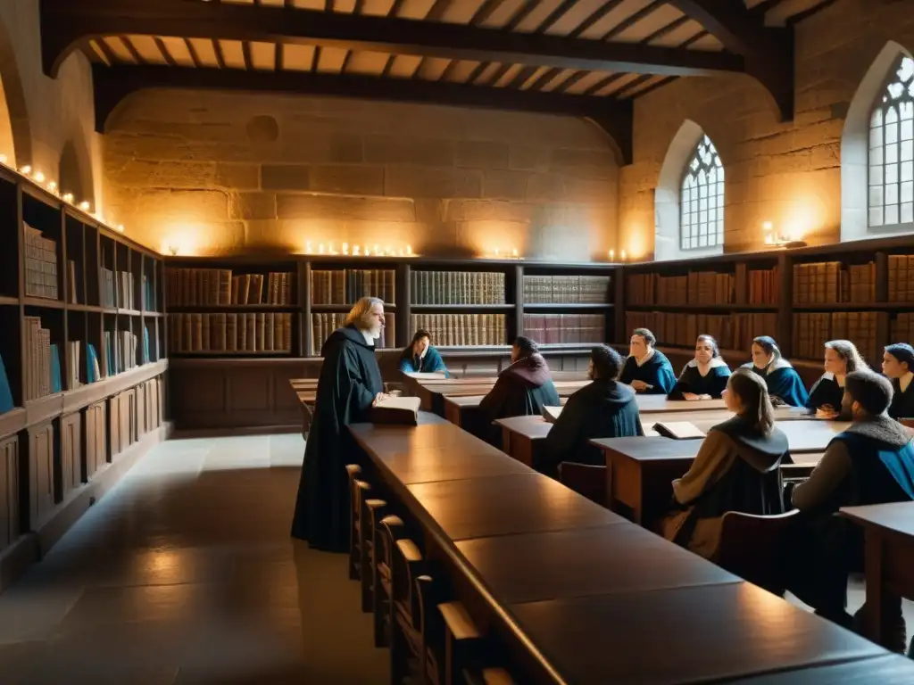 Una atmósfera contemplativa en una aula universitaria medieval, donde estudiantes y profesor discuten filosofía