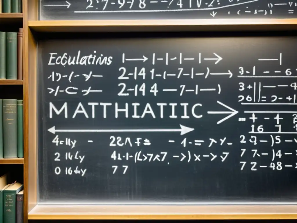 Una atmósfera nostálgica y académica: un tablero lleno de ecuaciones y anotaciones rodeado de libros viejos sobre matemáticas y filosofía, iluminado dramáticamente