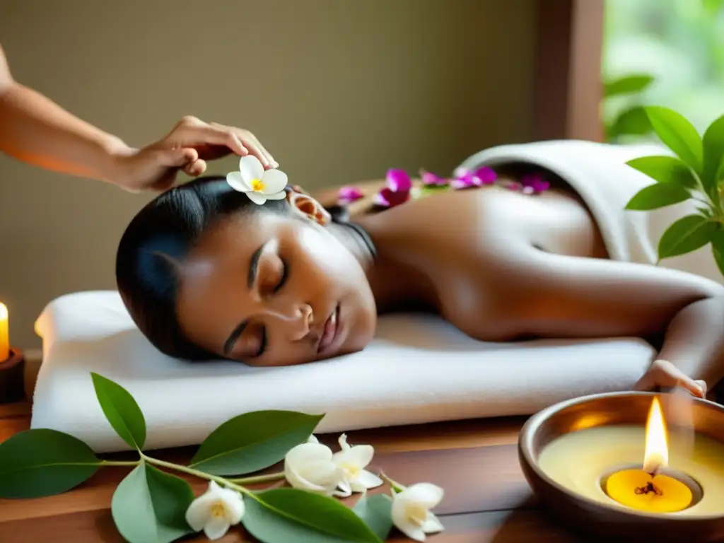 Una atmósfera serena en un spa Ayurveda, con masaje y aromas naturales, para una experiencia de bienestar integral