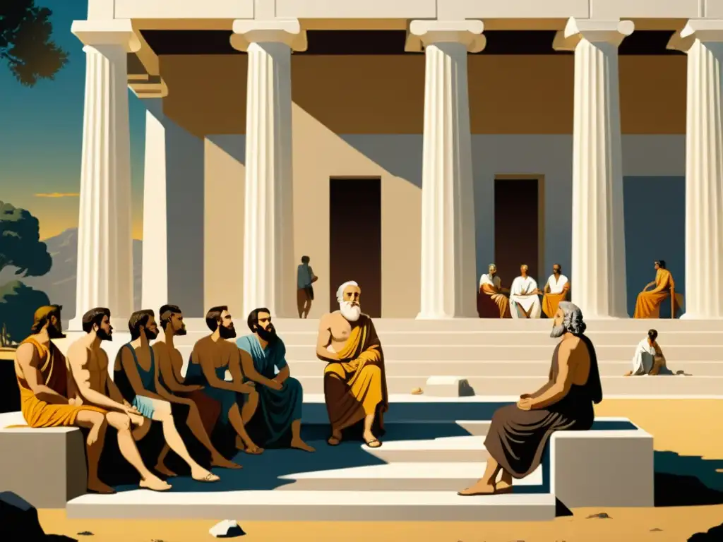 Sócrates cautiva a su audiencia en una animada discusión en la antigua Ágora griega, iluminada por el sol