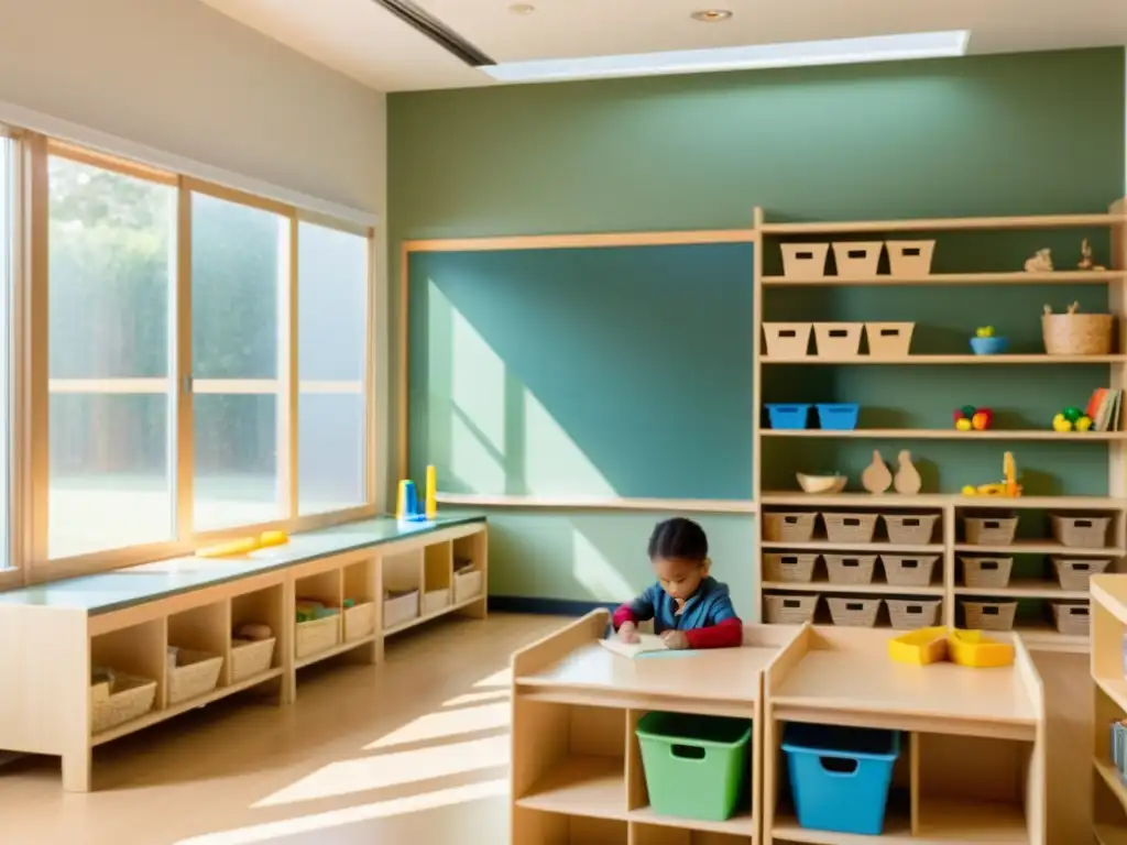 Una aula Montessori iluminada naturalmente, con niños trabajando independientemente o en grupos pequeños