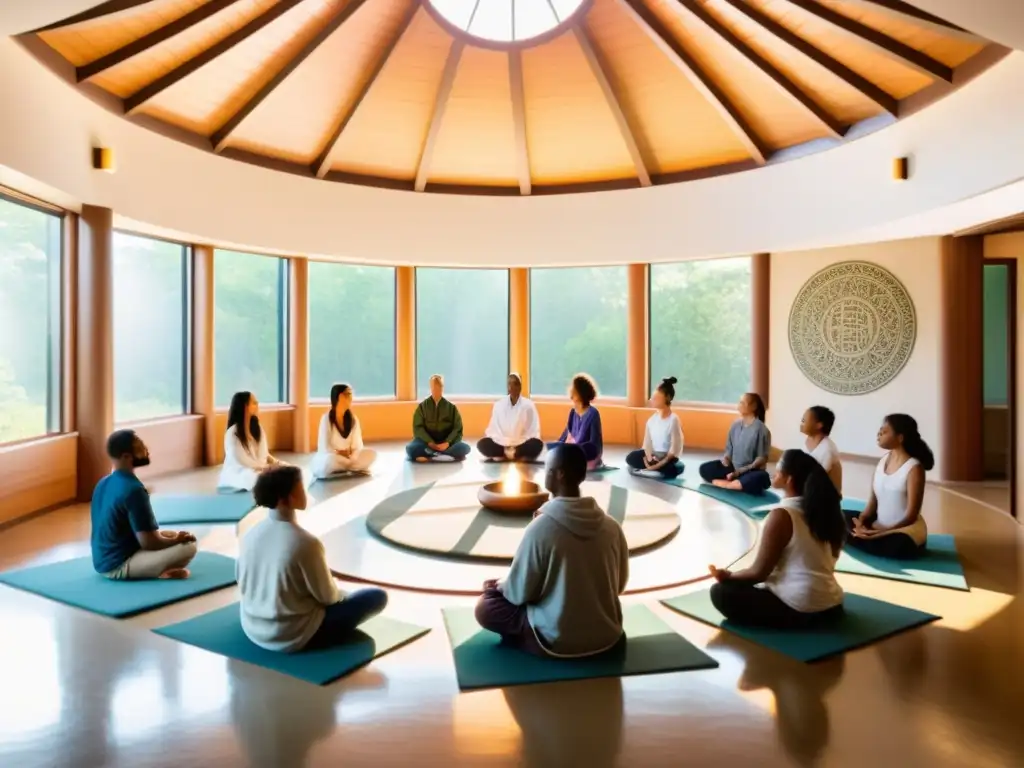 Un aula serena con luz natural iluminando estudiantes diversos practicando meditación, fusionando enseñanzas de filosofía oriental y occidental