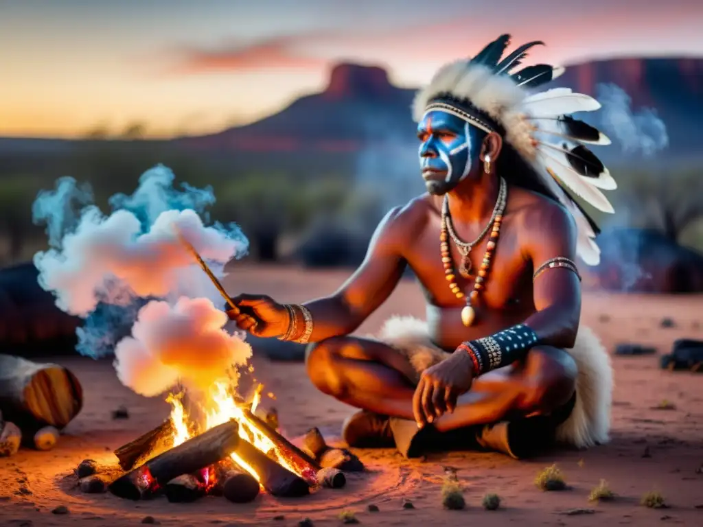 Un chamán indígena australiano realiza una ceremonia tradicional en el outback, rodeado de humo, iluminado por el fuego