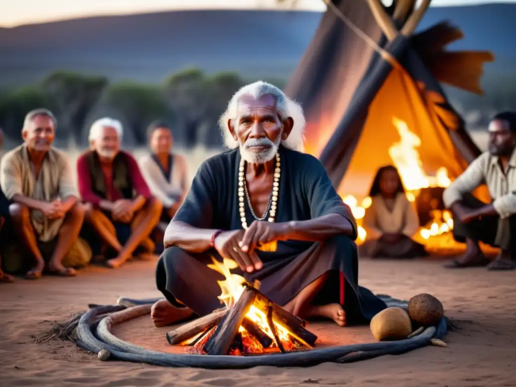 Un chamán indígena australiano cuenta historias junto a una hoguera, rodeado por su comunidad