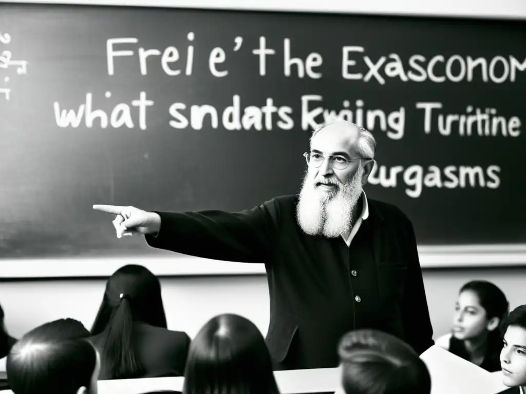 Paulo Freire enseñando con pasión y autoridad a estudiantes comprometidos en un aula