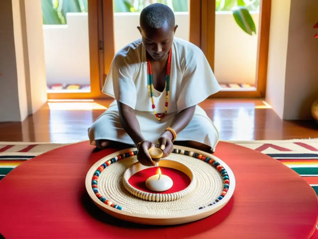 Un babalawo realiza una lectura del Ifá en un elegante tablero de adivinación, transmitiendo una profunda conexión espiritual y sabiduría ancestral