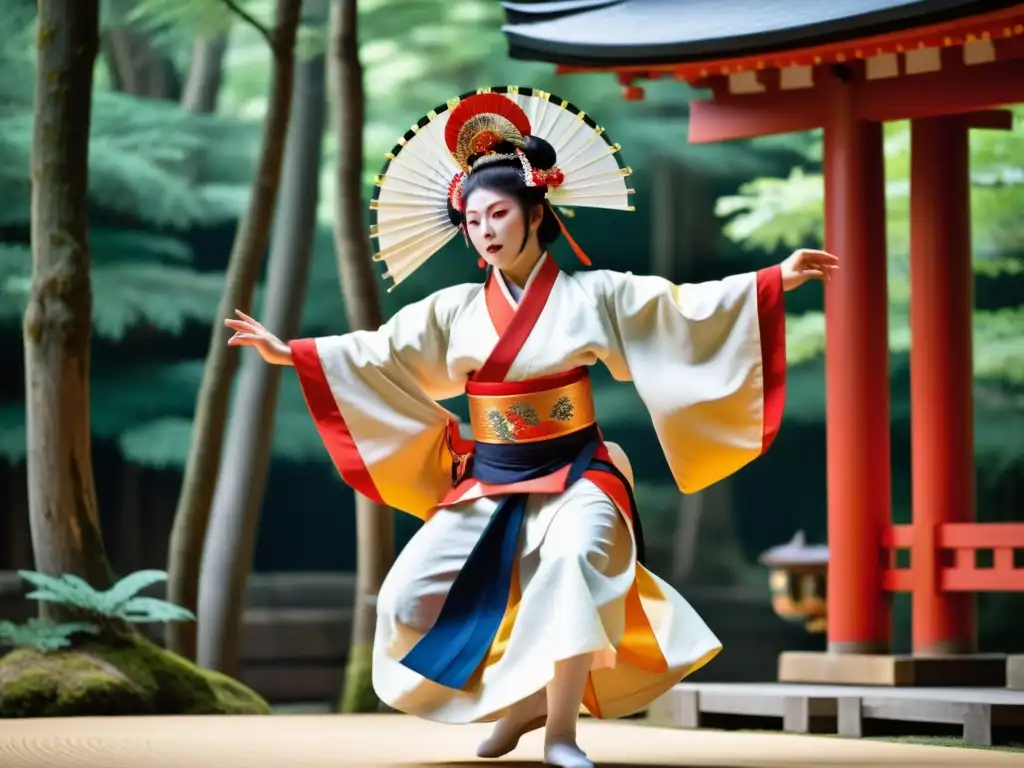 Un bailarín de Kagura realiza una danza ritual en un santuario japonés, con vestimenta elaborada y expresión intensa