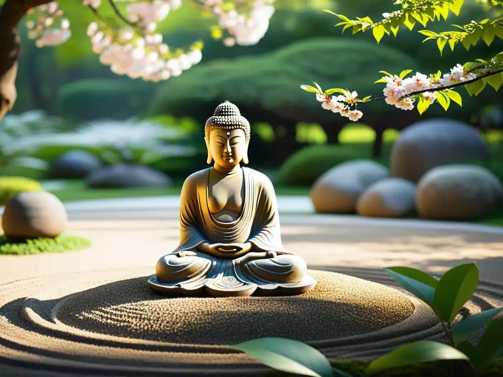 Jardín zen bañado por el sol con estatua de Buda, rodeado de vegetación exuberante y árboles de cerezo en flor
