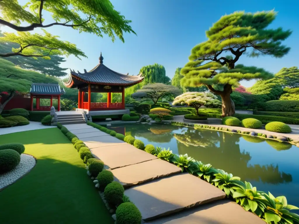 Bella armonía en un jardín chino con exuberante vegetación, un estanque sereno y un pabellón tradicional