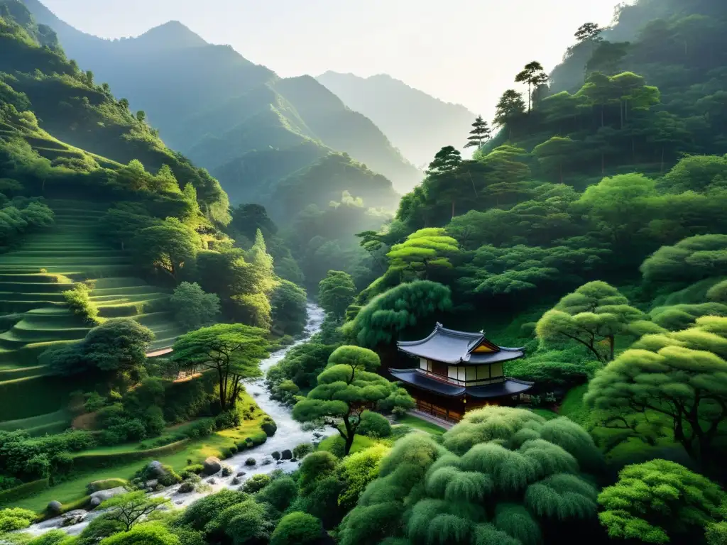 Belleza taoísta en la serena montaña, arroyo y templo entre pinos y bambú, exploración filosófica en la naturaleza