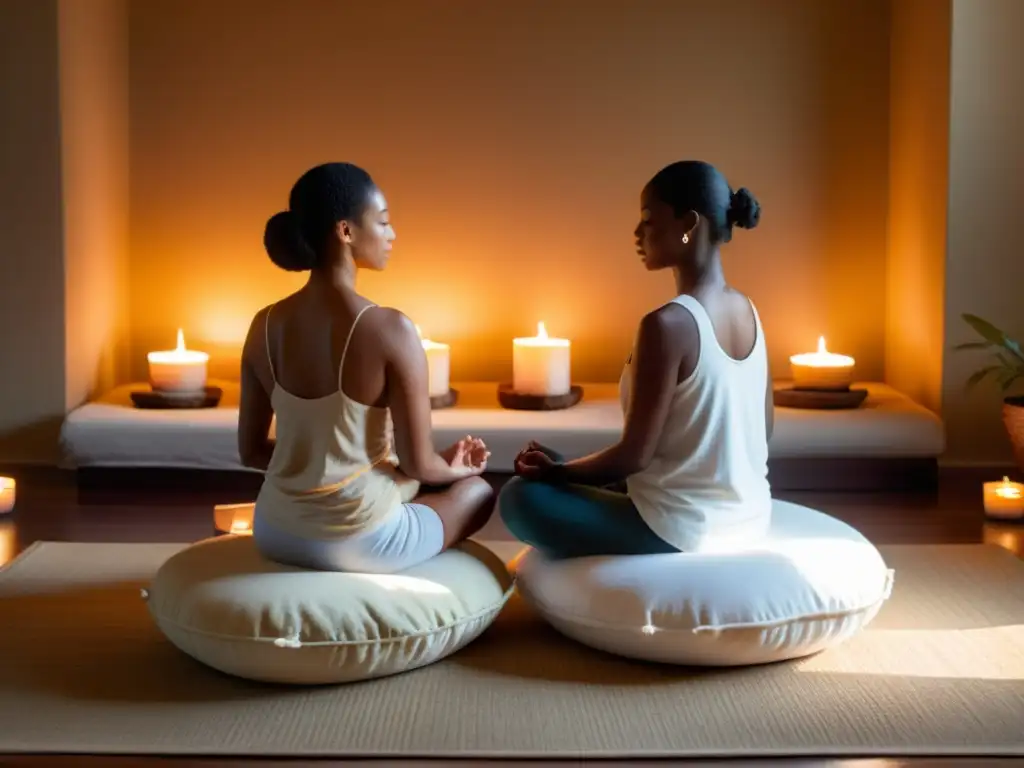 Beneficios de la meditación en relaciones personales: dos personas meditan en un ambiente sereno y cálido, transmitiendo calma y conexión mutua