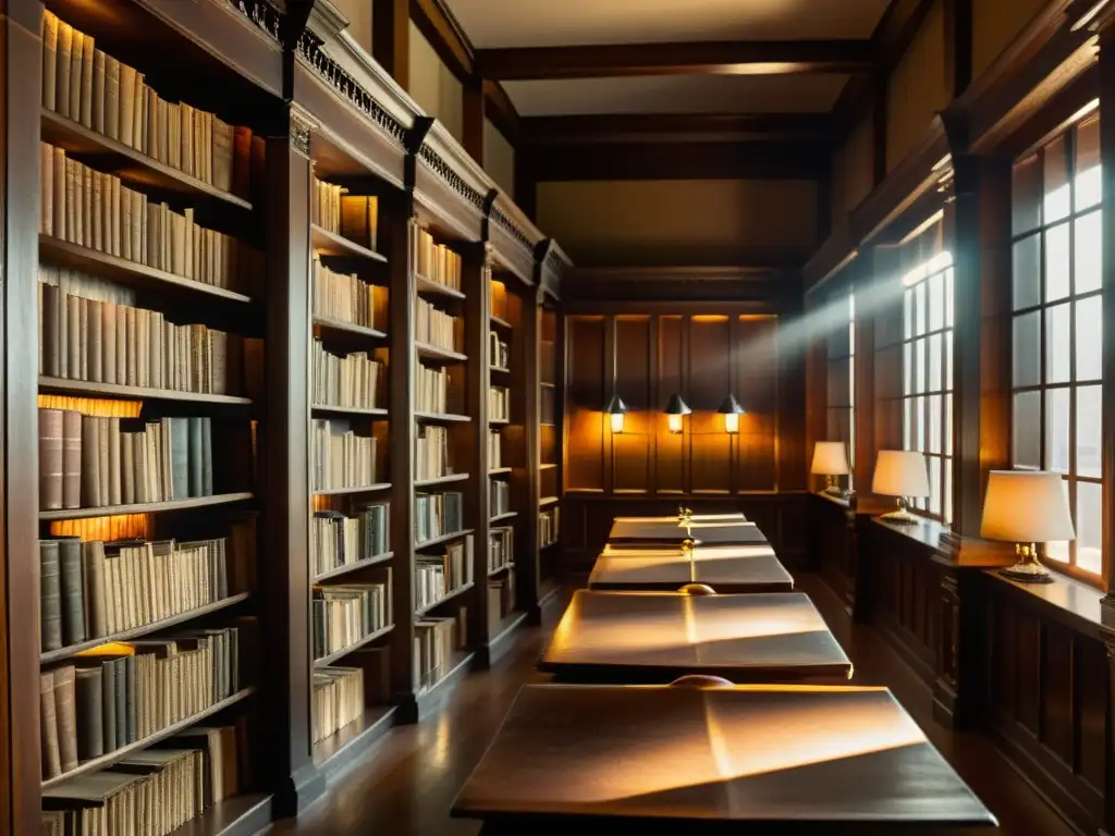 Una biblioteca antigua y acogedora con libros desgastados y una vista histórica, lugares clave historia pensamiento contemporáneo