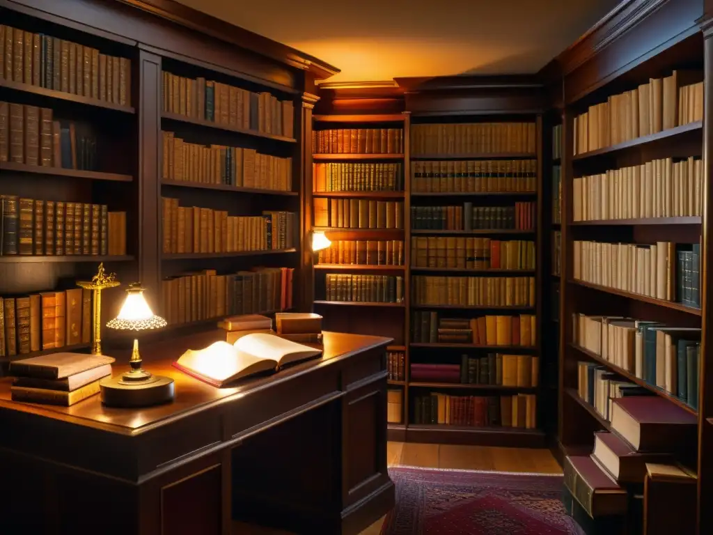 Una biblioteca antigua iluminada con calidez, repleta de libros antiguos y manuscritos