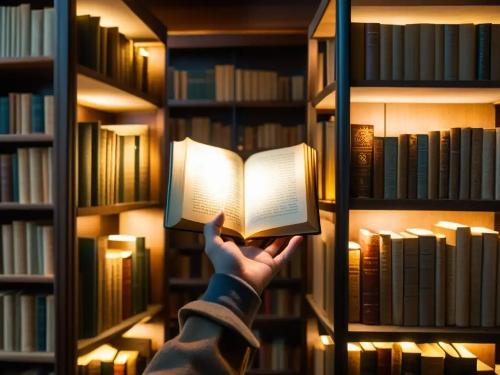 Una biblioteca antigua iluminada por lámparas, con libros de filosofía y ciencia