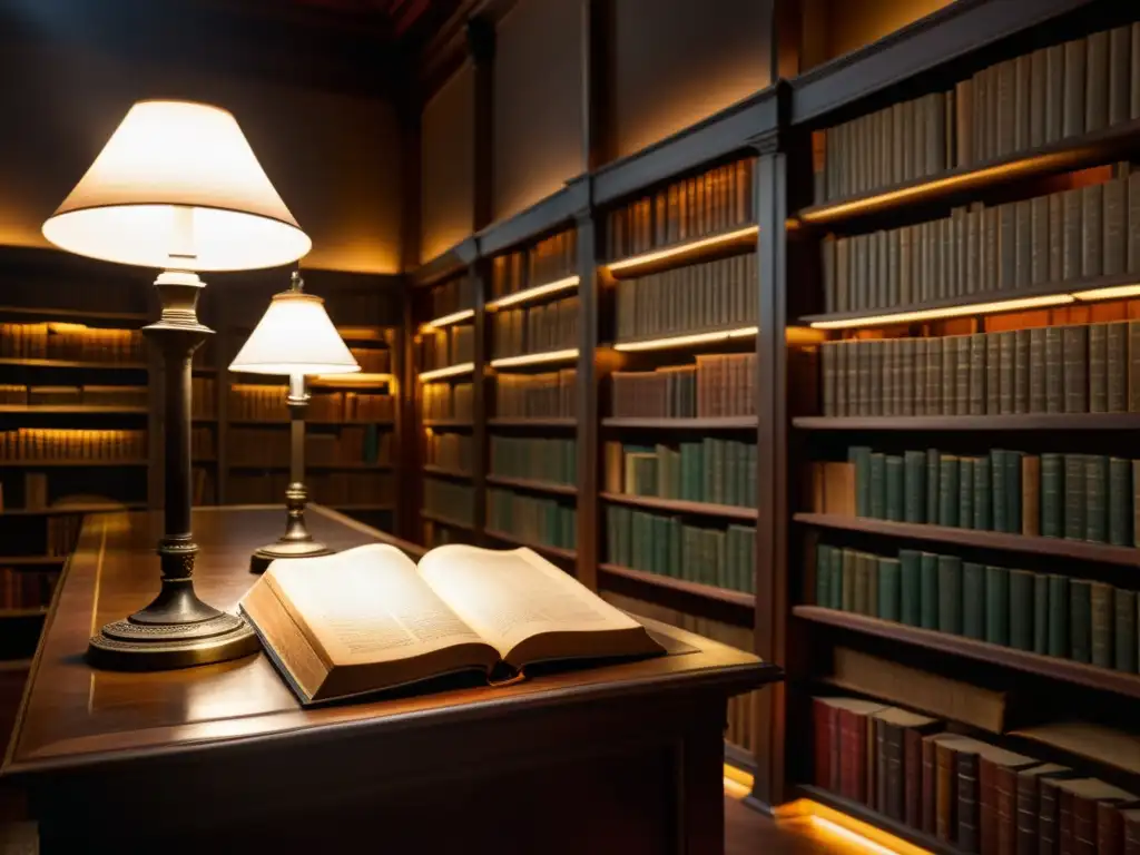 Una biblioteca antigua iluminada por lámparas, con libros envejecidos en los estantes