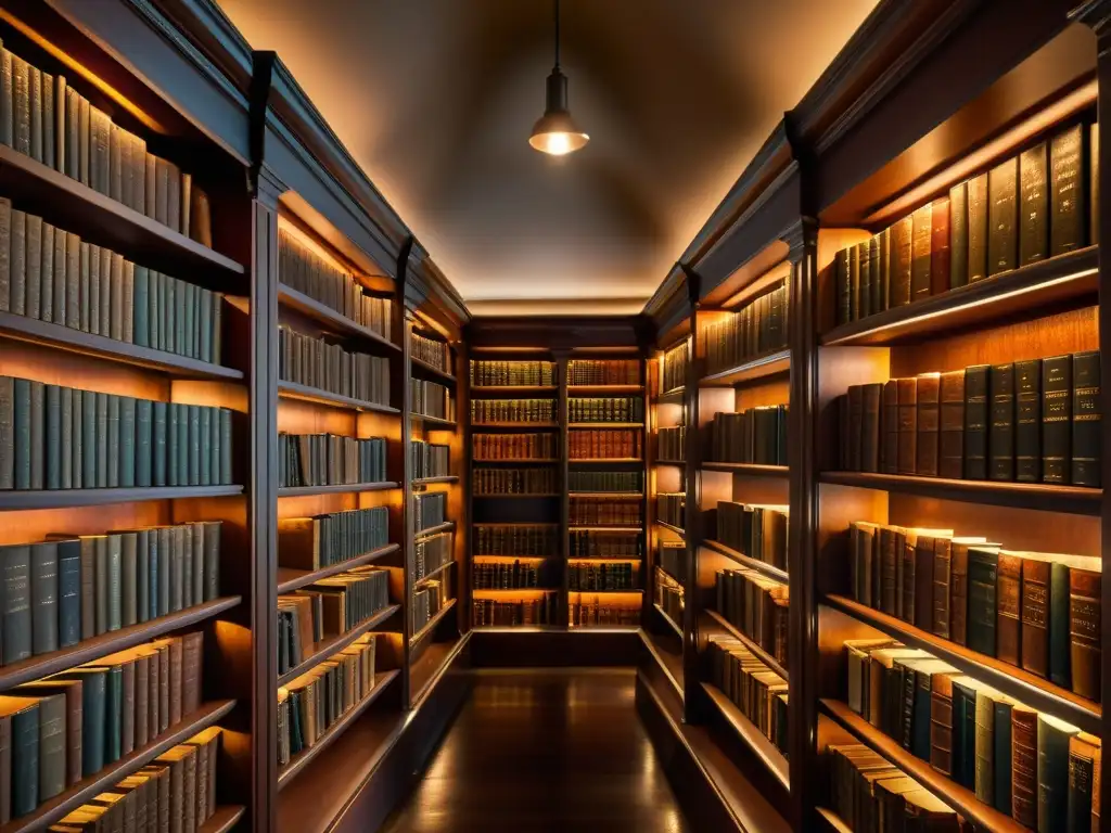 Una biblioteca antigua iluminada por lámparas, llena de libros de cuero
