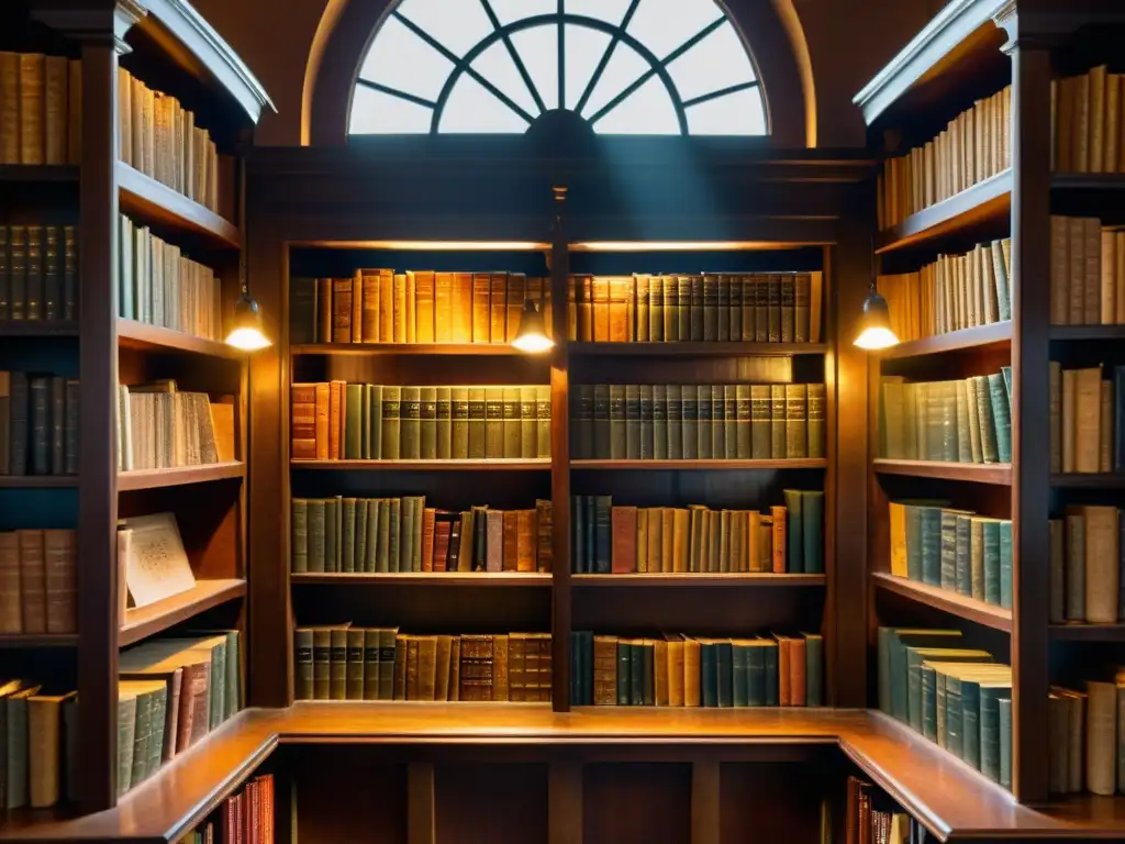 Una biblioteca antigua iluminada con libros de Filosofía de la Ilustración obras en estantes de madera
