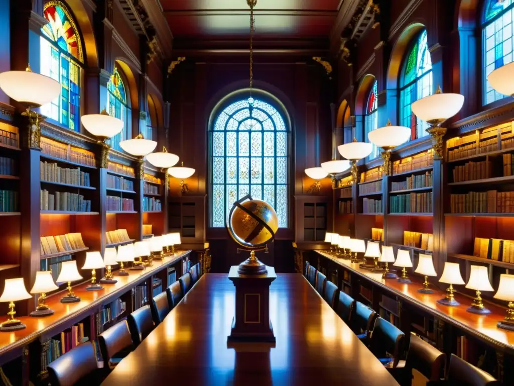 Una biblioteca antigua con libros de cuero y una esfera en un ambiente de sabiduría y contemplación