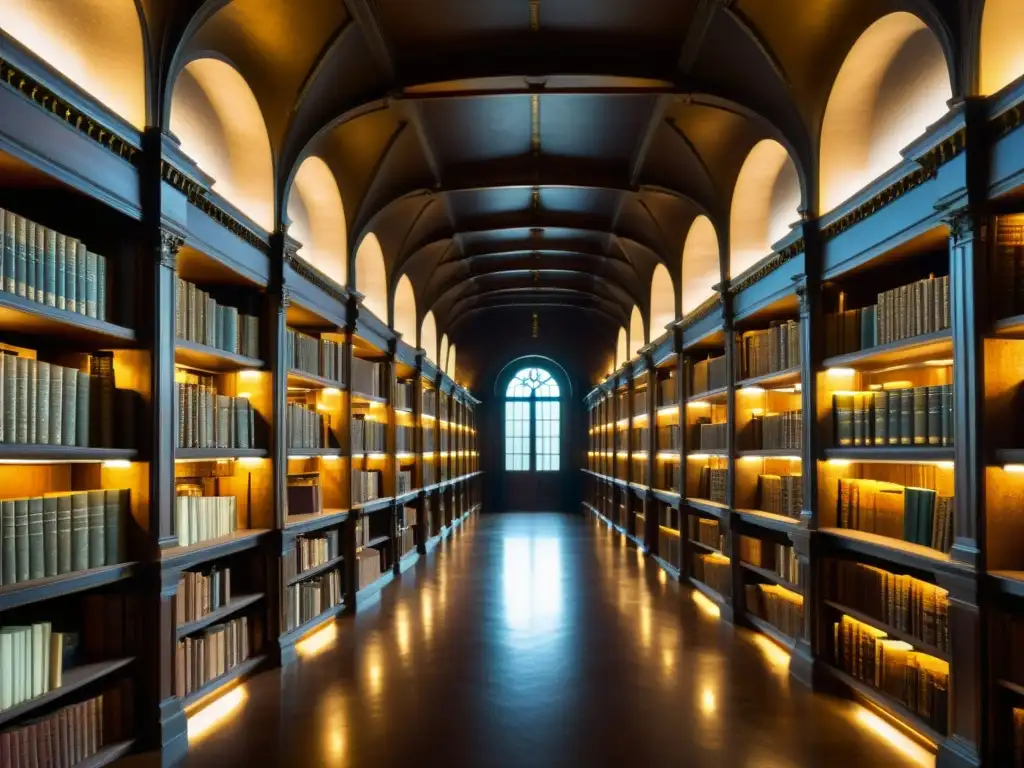 Una biblioteca antigua con libros y chandeliers, evocando la Dialéctica de Hegel y el progreso histórico
