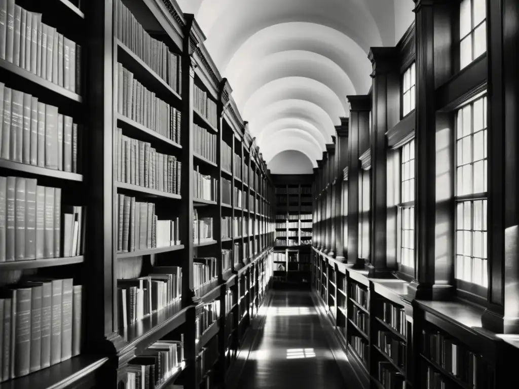 Una biblioteca antigua llena de libros polvorientos iluminada por suave luz, evocando el tratamiento filosófico del tiempo, espacio y narrativa