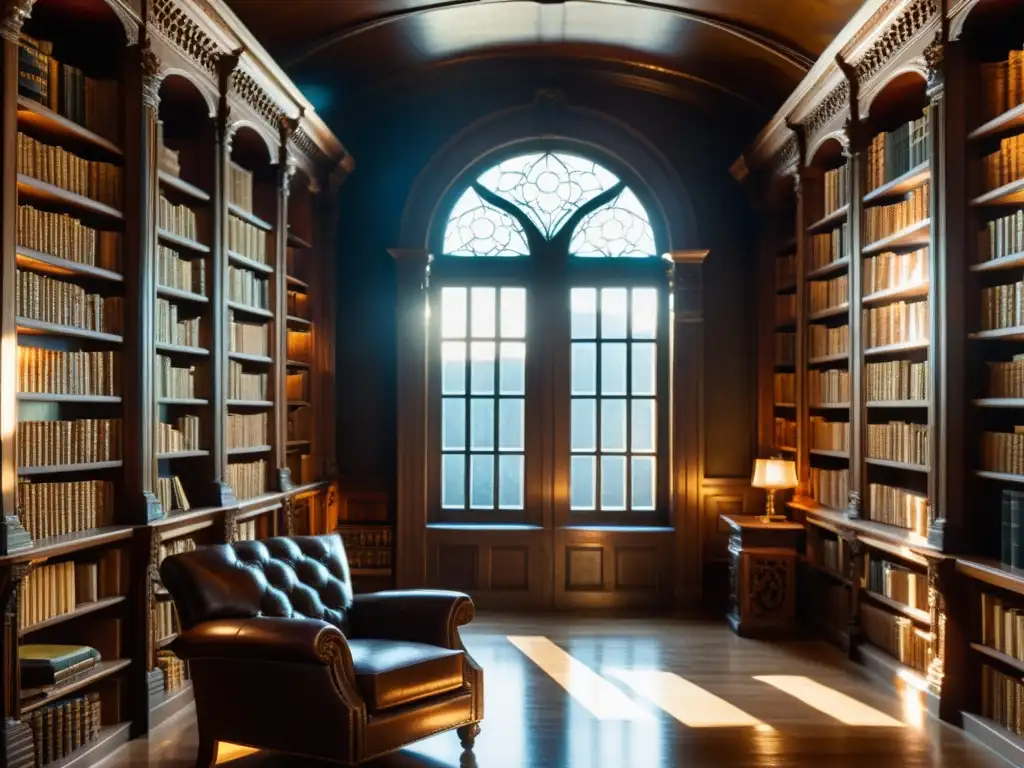 Una biblioteca antigua, serena y acogedora