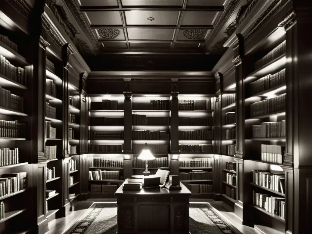 Una biblioteca de estética atemporal, iluminada por lámparas antiguas