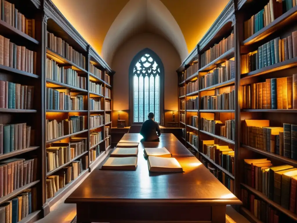 Una biblioteca expansiva llena de libros antiguos, con luz solar que se filtra a través de vitrales, iluminando los tomos