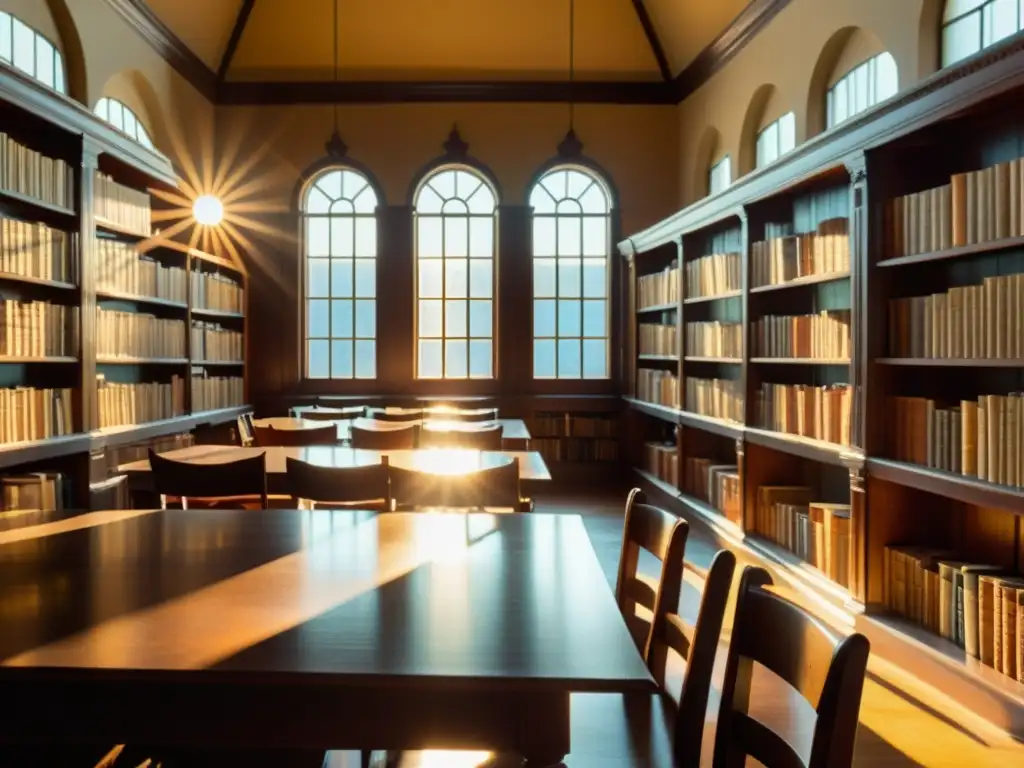 Una biblioteca histórica con libros antiguos en estanterías, bañada por la luz del sol