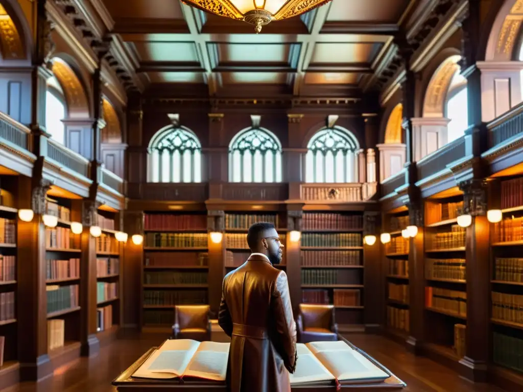 Una biblioteca histórica con libros antiguos encuadernados en cuero, iluminada por candelabros antiguos