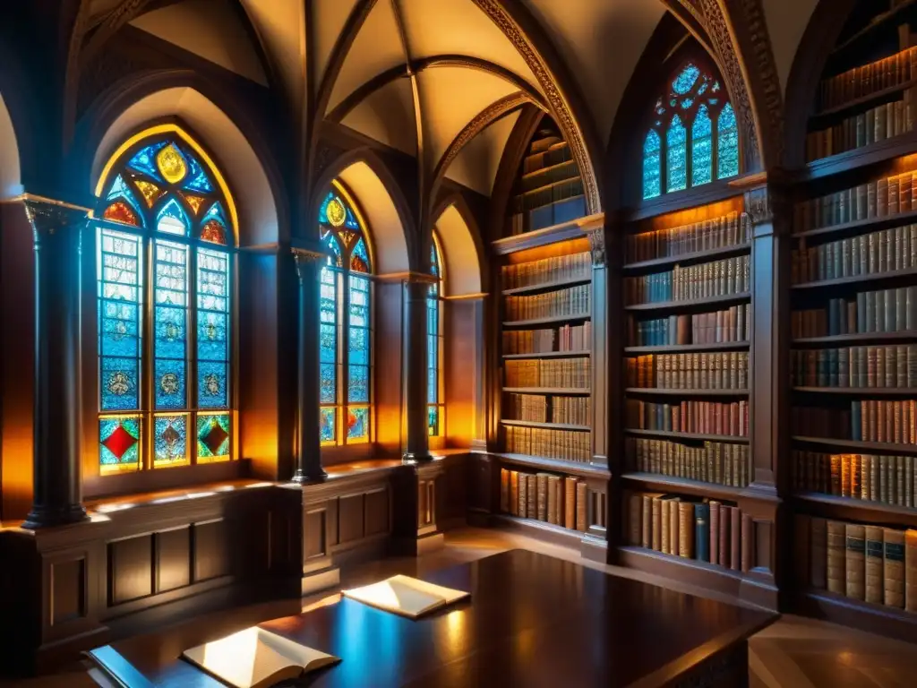 Una biblioteca histórica llena de manuscritos antiguos, con arcos y tallados detallados, iluminada por la suave luz del sol a través de vitrales