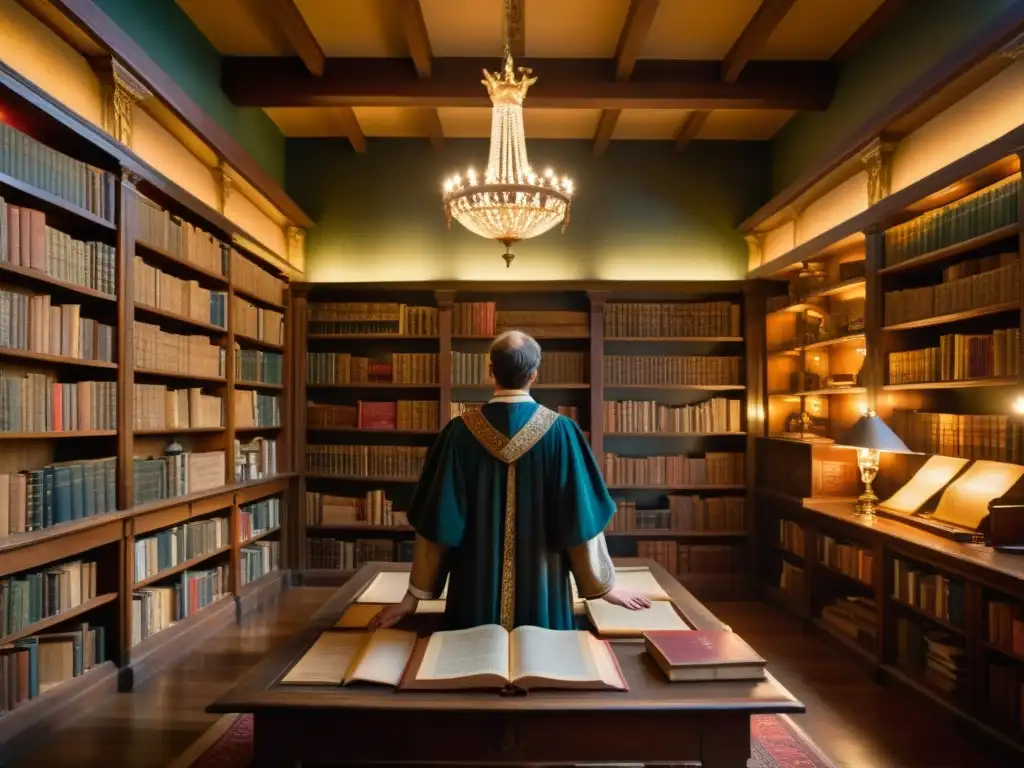 En una biblioteca iluminada por cálidos chandeliers, un erudito estudia un manuscrito iluminado rodeado de libros antiguos y herramientas de escritura