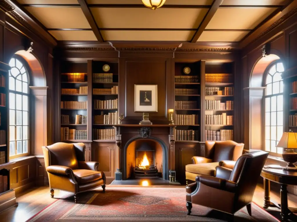 Una biblioteca inglesa histórica con estanterías altas llenas de libros, área de lectura acogedora con sillones y chimenea