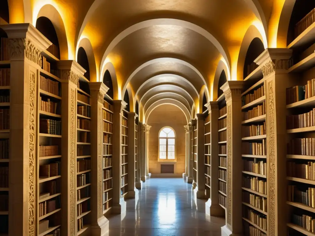 Explora la biblioteca de Al-Farabi, con sus intrincadas carvings y rollos, bañados en cálido resplandor dorado