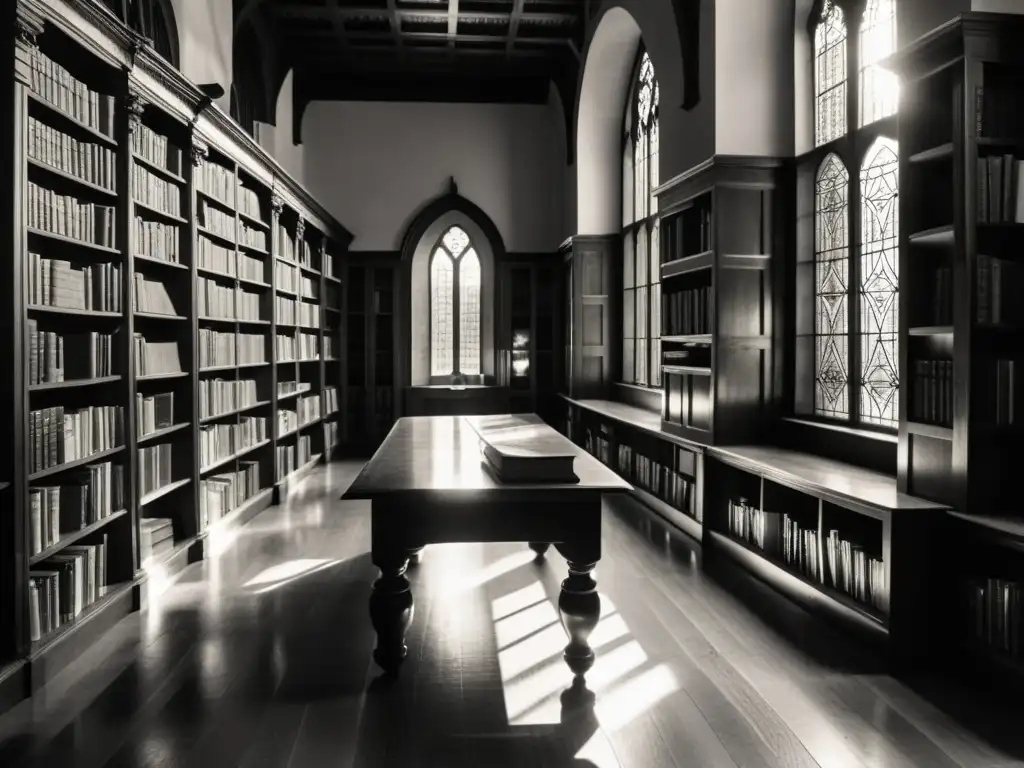 Una biblioteca laberíntica en blanco y negro con estanterías que se extienden sin fin
