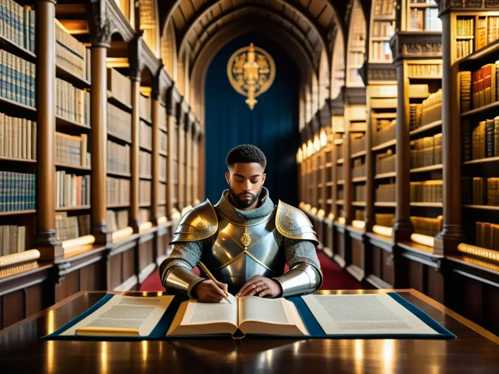 Warrior filósofo en biblioteca medieval, simbolizando el rol del guerrero filósofo en la sociedad medieval
