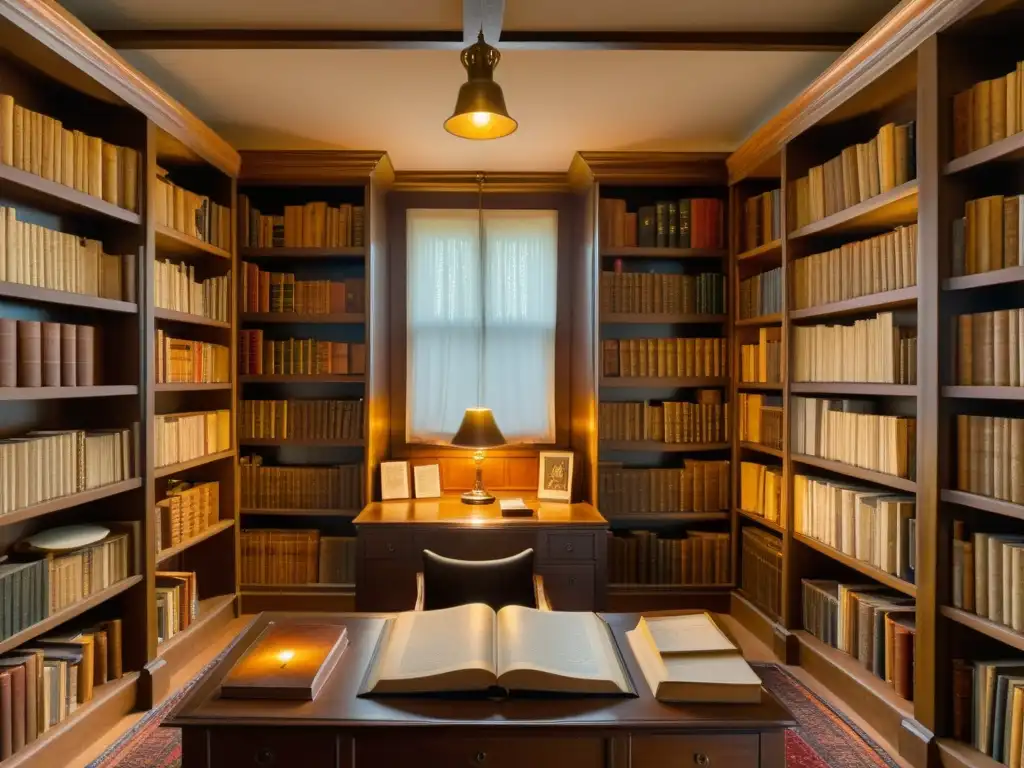 La biblioteca personal de Carl Jung, llena de libros antiguos, arte y objetos simbólicos, iluminada por lámparas antiguas, exuda misterio y curiosidad intelectual