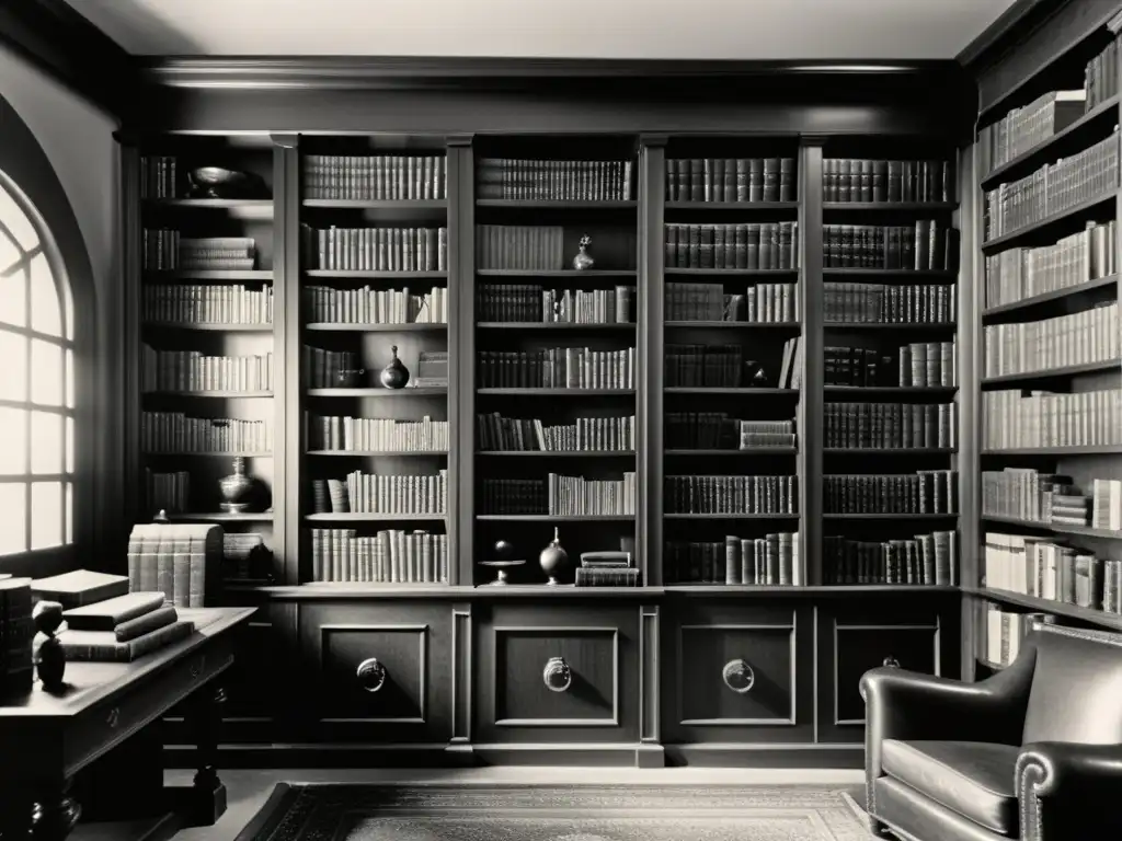 La biblioteca personal de Carl Jung, llena de libros de cuero envejecido, iluminada por luz natural