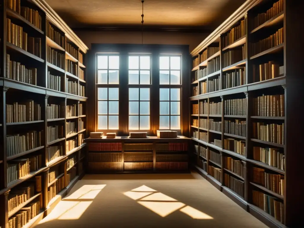 Una biblioteca polvorienta y tenue llena de libros y manuscritos antiguos, con rayos de sol iluminando partículas de polvo en el aire
