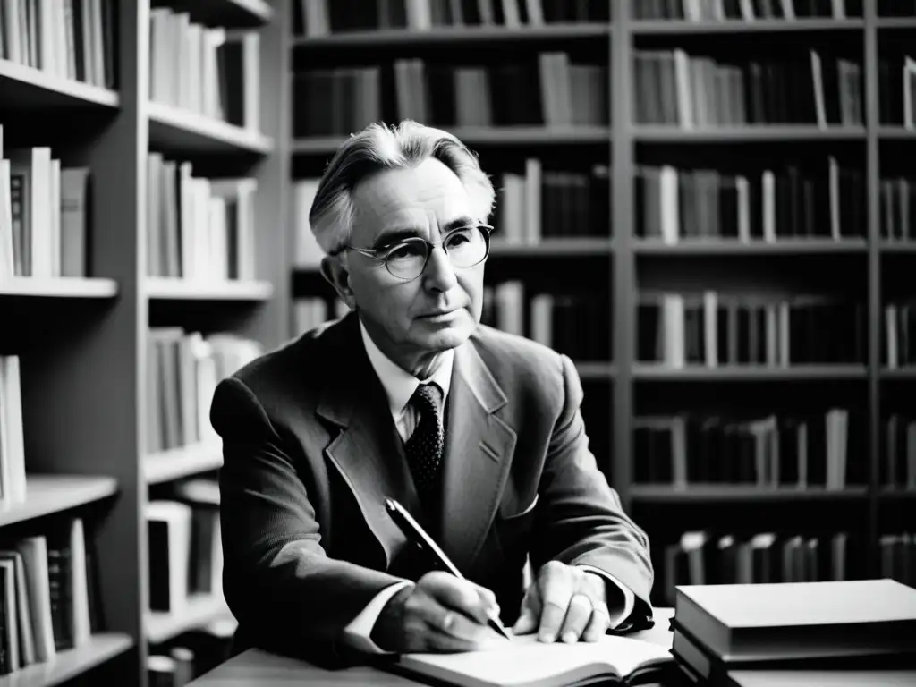 Viktor Frankl reflexiona en su biblioteca, rodeado de libros, iluminado por una suave luz