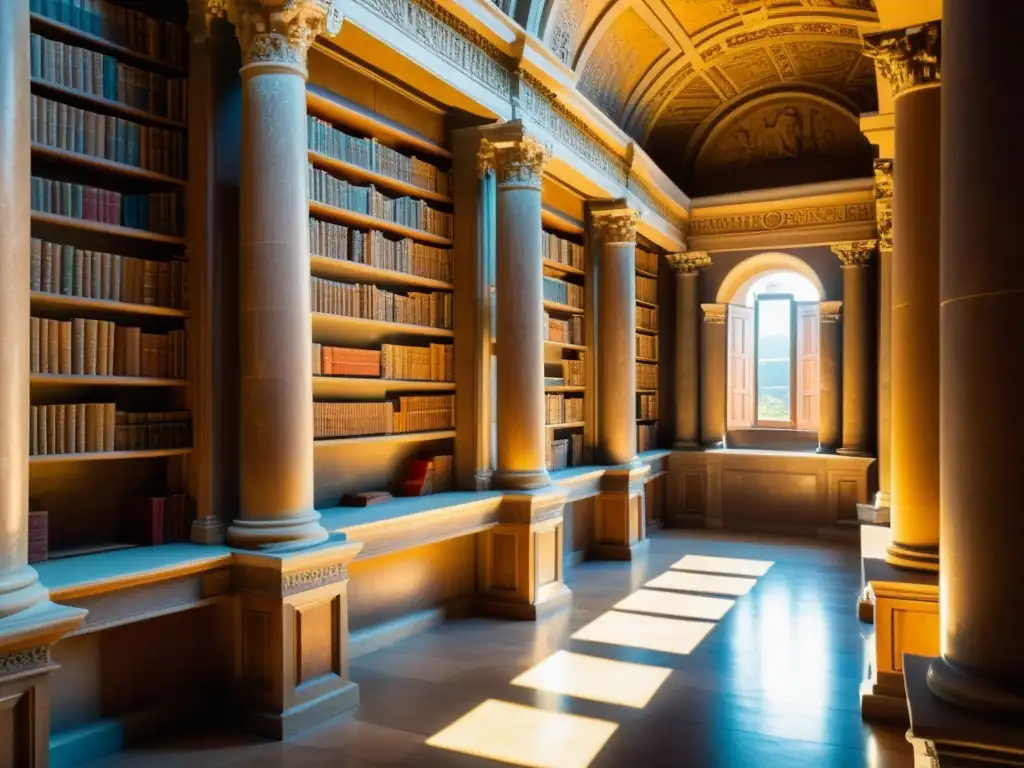 Una biblioteca romana antigua llena de sabiduría, bañada en luz cálida