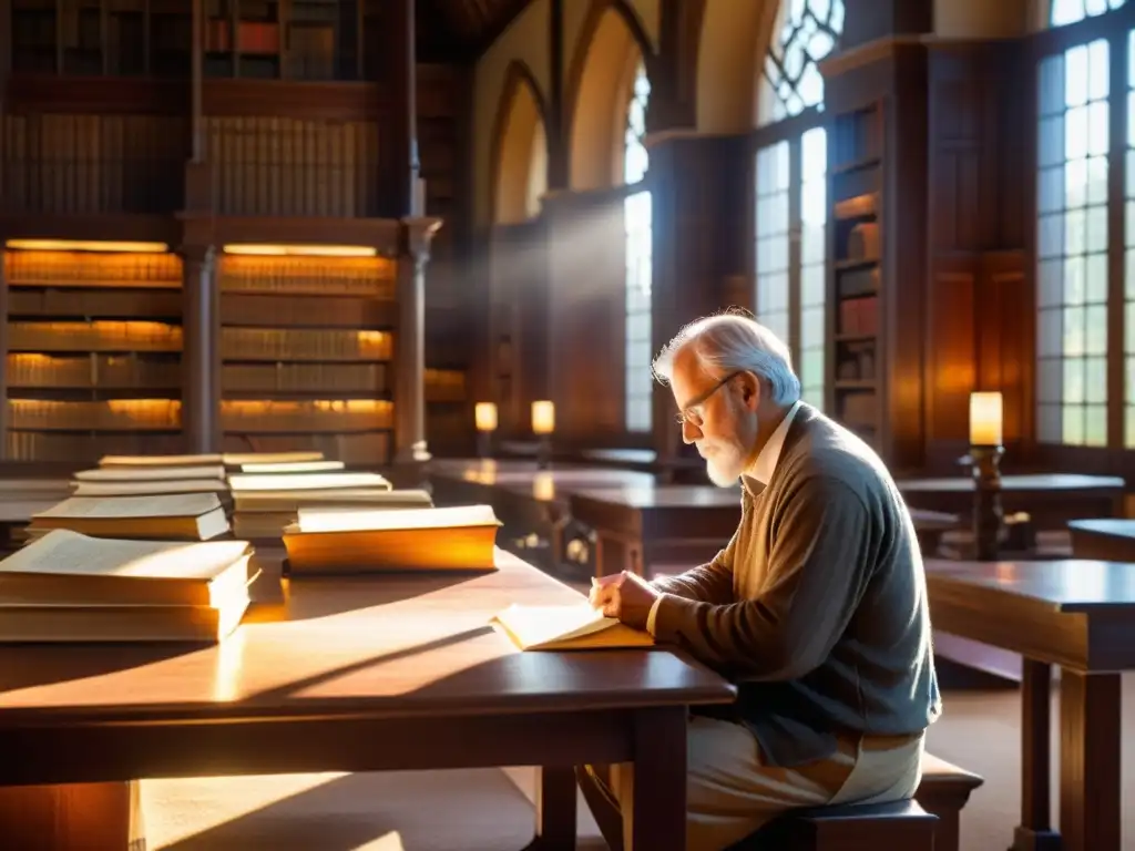 Explorando la metafísica en una biblioteca serena, iluminada por el sol