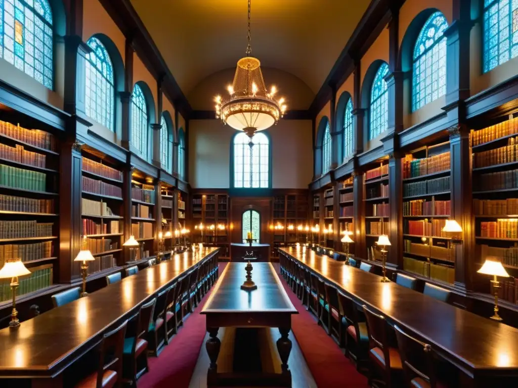 Una biblioteca del siglo XVIII con libros antiguos, mesas de madera y candelabros iluminados