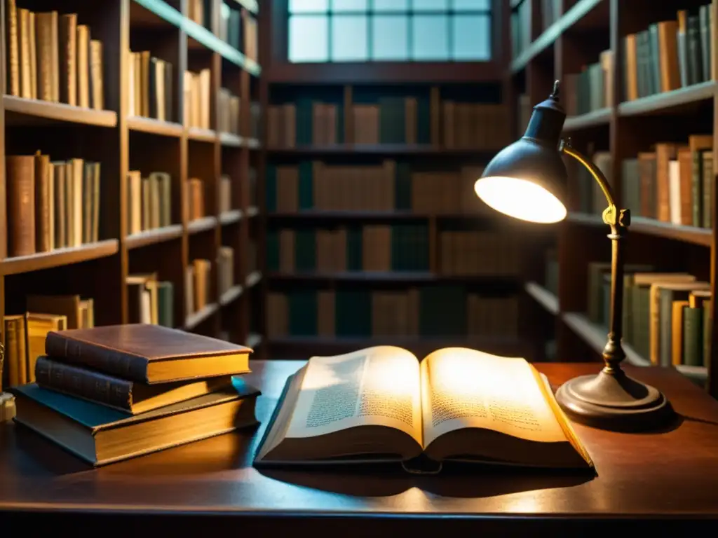 Una biblioteca tenue iluminada por lámparas de escritorio, con estantes llenos de libros antiguos