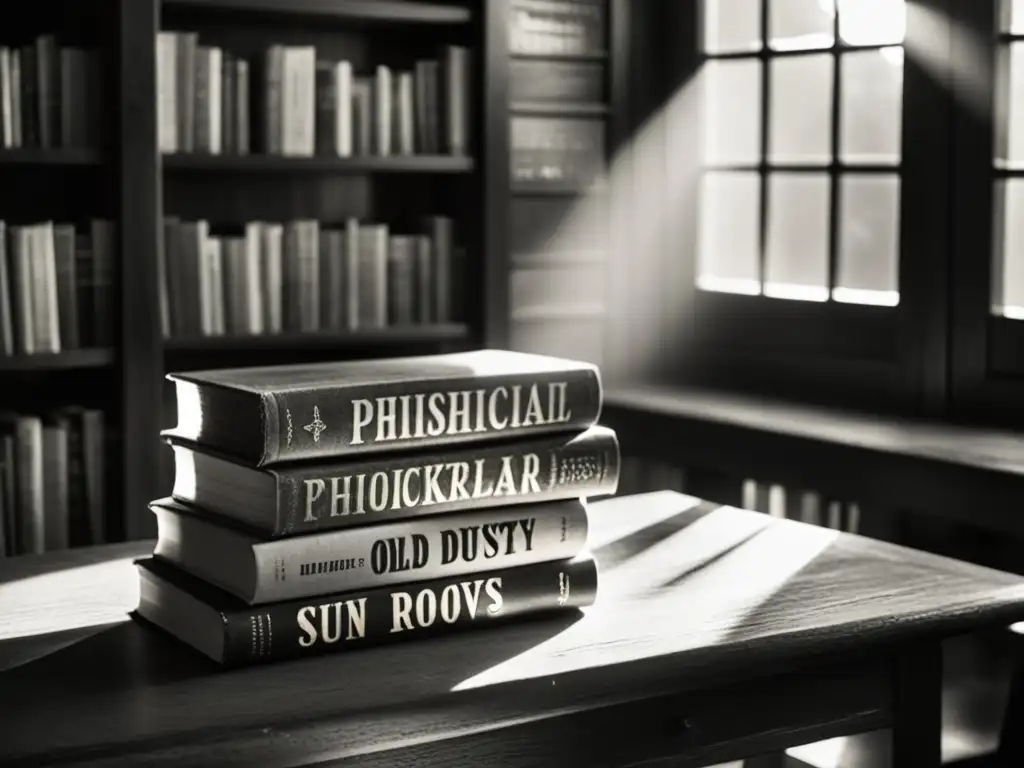 Una biblioteca tenue con libros antiguos en una mesa de madera polvorienta, evocando pensamiento Queer raíces filosóficas