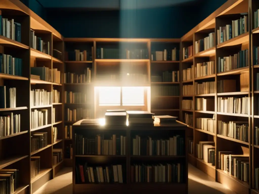 Una biblioteca tenue, repleta de libros filosóficos, con un foco iluminando 'La Estética de la Existencia' de Michel Foucault