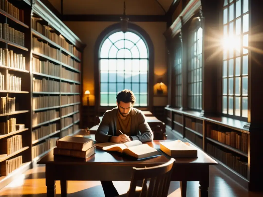 Una biblioteca tranquila iluminada tenuemente, con libros antiguos encuadernados en cuero en estantes