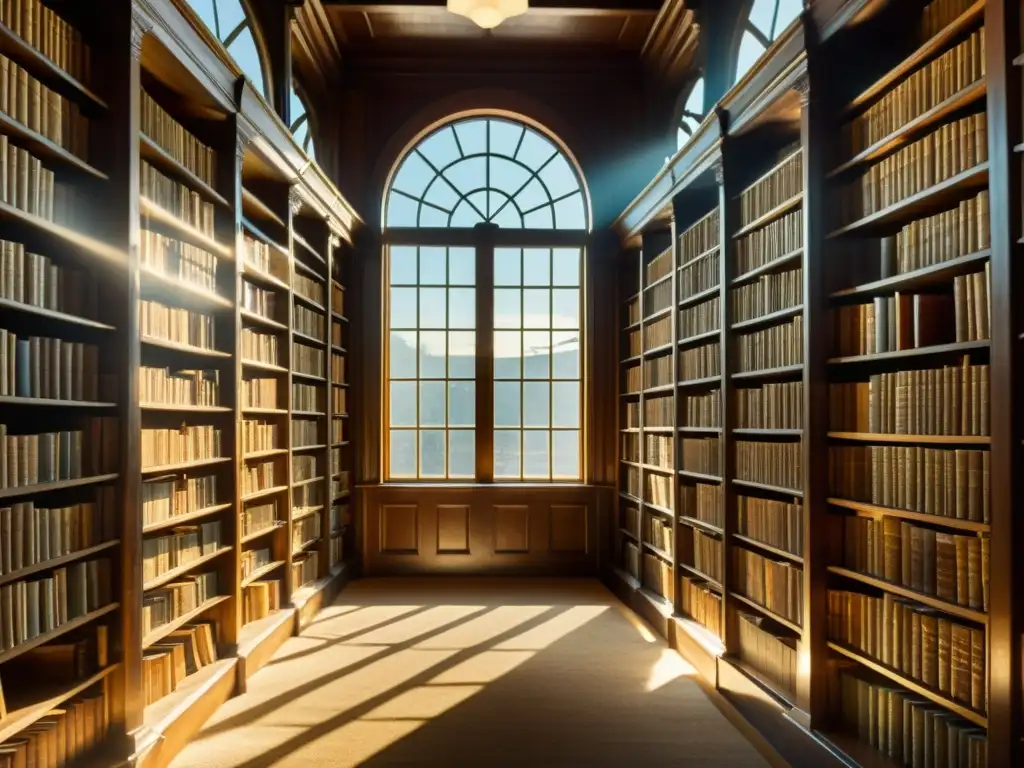 Una biblioteca vintage con libros antiguos en estanterías, bañada por luz solar