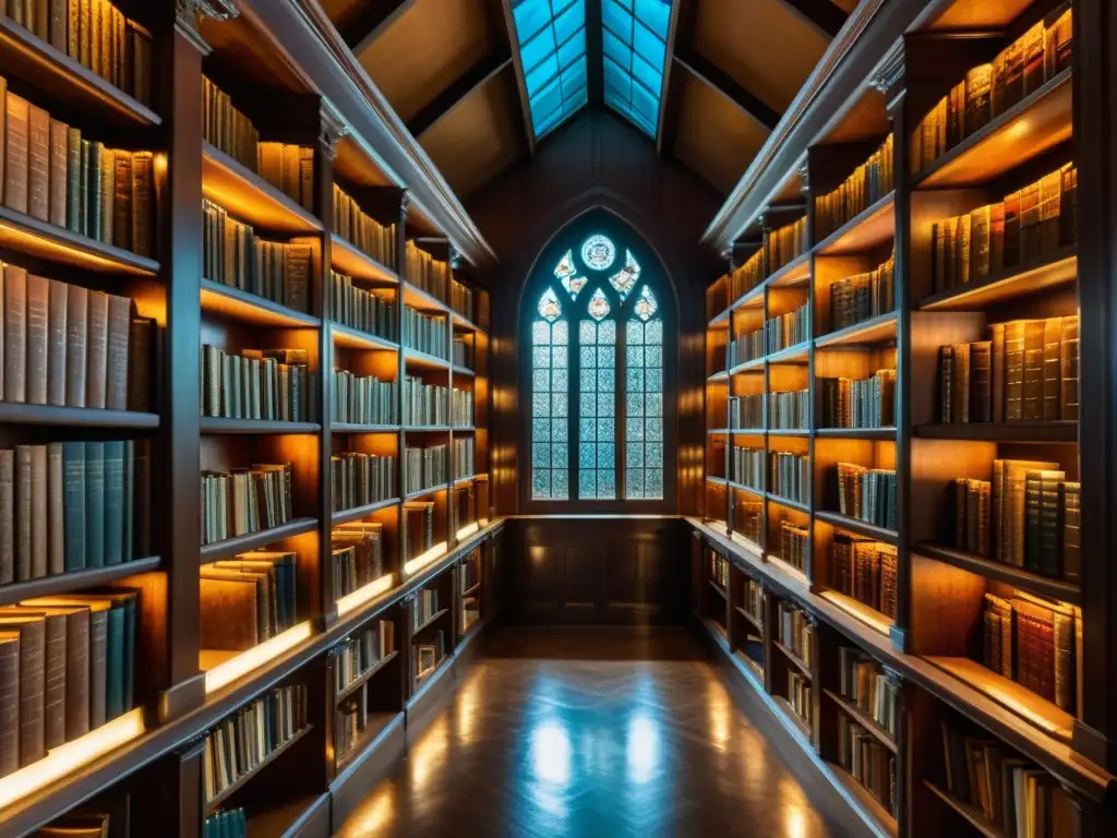 Una biblioteca vintage llena de libros antiguos, iluminada por luz cálida a través de vitrales