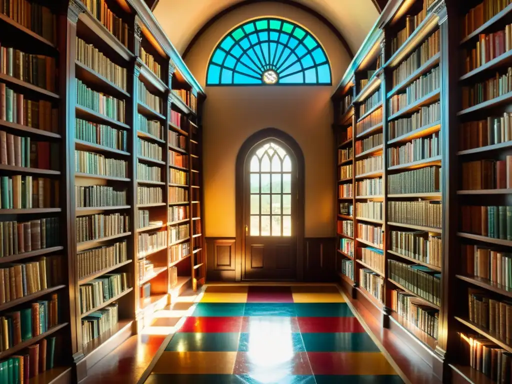 Una biblioteca vintage llena de libros encuadernados en cuero, con luz solar que crea reflejos de colores en el suelo y las paredes