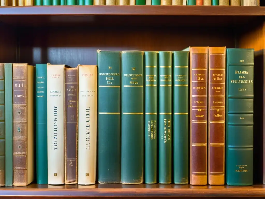Una biblioteca vintage llena de publicaciones filosóficas esenciales, iluminada por la cálida luz de la tarde